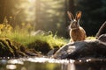 Wild brown european hare stands in the grass and looking at the camera. Lepus europaeus stands on the ground. Generative AI Royalty Free Stock Photo