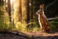 Wild brown european hare stands in the grass and looking at the camera. Lepus europaeus stands on the ground. Generative AI Royalty Free Stock Photo