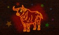 Wild bull. Bright neon image. Image in cartoon style.