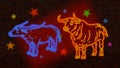 Wild bull. Bright neon image. Image in cartoon style.