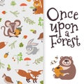 Wild cartoon animals banner. Cute bear, fox, mouse, rabbit