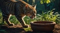 Striped Wildcat Approaching Clay Bowl at Dawn, Drinking Water Royalty Free Stock Photo