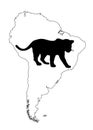 Wild cat jaguar vector silhouette illustration on Southern America map