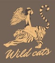 Wild cats. Vector hand drawn illustration of woman in swimsuit on tiger.