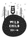 Wild child - Cute hand drawn nursery poster with cartoon animal and lettering in scandinavian style.