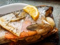 Wild coho salmon on cedar plank