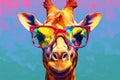 neck animal mammal africa giraffe portrait zoo sunglasses wildlife colorful. Generative AI.
