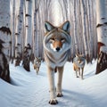 Wild Coyotes Wilderness Wintertime Birch Trees Snowy Pathway Forest Canada AI Generated