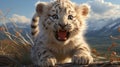 Wild cute white tiger cub in the mountains - Children\'s illustration Royalty Free Stock Photo
