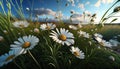 Wild Daisies In The Grass With A Blue Sky, Generative Ai Royalty Free Stock Photo