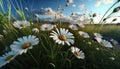 Wild Daisies In The Grass With A Blue Sky, Generative Ai Royalty Free Stock Photo