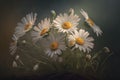 Wild daisy flowers growing on meadow, white chamomiles on green grass background. Generative AI