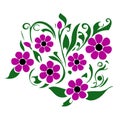 Wild daisy purple flowers, beauty flat vector flowers with leaves. Summer, spring, wedding elements