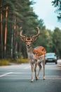 wild deer on the highway, cars