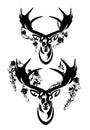 wild deer stag head among rose flowers black and white vector outline