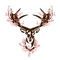 wild deer stag head among sakura flower branches vector outline