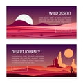 Wild Desert Trip and Travel Web Banner Design with Sand and Cactus Silhouette Vector Template