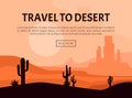 Wild Desert Trip and Travel Web Banner Design with Sand and Cactus Silhouette Vector Template