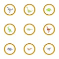 Wild dinosaur icons set, cartoon style