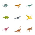 Wild dinosaur icons set, flat style