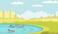 Wild ducks swim in pond flat vector illustration