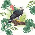 Wild eagle bird with tropical leafs