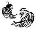 Wild eagle head and wing and hunting falcon bird wearing hood black vector portrait