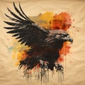 Wild eagle with open wings in flight. Watercolor illustration on paper against a background of paint stains. Free eagle Royalty Free Stock Photo