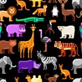 Wild exotic animals on black background. Vector seamless pattern. Colorful zoo or safari flat illustration Royalty Free Stock Photo