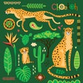 Wild exotic cats, tropical plants and ethnic patterns set. Cheetahs and their cub. Vector illustration of cartoon style Royalty Free Stock Photo