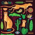 Wild exotic cats, tropical plants and ethnic patterns set. Cheetahs and their cub. Vector illustration of cartoon style