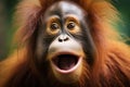 Wild expression young orangutan vocalizes loudly in its natural surroundings