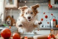 A wild-eyed dog with pointy ears leaps into the air within a chaotic kitchen setting