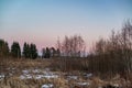 Wild field with remnants of snow and last year`s grass on a warm spring evening Royalty Free Stock Photo