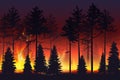 Wild fire in the night forest. Natural disaster. Wildfire. Black silhouette trees on fire realistic vector illustration. Royalty Free Stock Photo