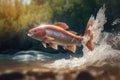 Wild fish jumping out of river water in a forest created by generative AI Royalty Free Stock Photo