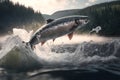 Wild fish jumping out of river water in a forest created by generative AI Royalty Free Stock Photo