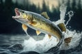 Wild fish jumping out of river water in a forest created by generative AI Royalty Free Stock Photo