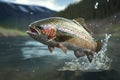 Wild fish jumping out of river water in a forest created by generative AI Royalty Free Stock Photo