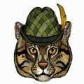 Wild fishing cat portrait. Animal face. Animal with tirol hat. Traditional headdress.