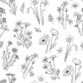 Wild flower pattern. Floral seamless wallpaper with wildflowers. Vintage fabric vector background Royalty Free Stock Photo