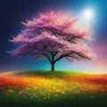 wild flower tree pastel creative landscape of nature waking up with the arrival of An explosion of colorful tree on dark plants