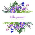 Wild flowers banner with field flowers, pink and violet