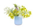 Wild flowers bouquet in the ceramic teal blue vase. Isolated on white background photo. Yellow wild honey plants Royalty Free Stock Photo