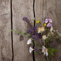 Wild flowers bouquet on wooden old grunge background chamomile lupine dandelions thyme bells rape Royalty Free Stock Photo