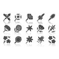 Wild flowers drop shadow black glyph icons set. Spring blossom. California wildflowers. Garden blooming plants, weed