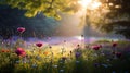 wild flowers on wild field at morning drops of dew and sun beam light summer landscape Royalty Free Stock Photo