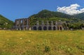 Wild flowers grow in front of the Roman ampitheater in the cathedral city of Gubbio, Italy