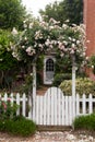 Wild flowers growing over white picket fence