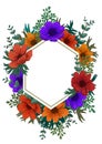 Wild flowers hexagon frame. Color pencil digital illustration. Vertical Design with beautiful anemones and copy space